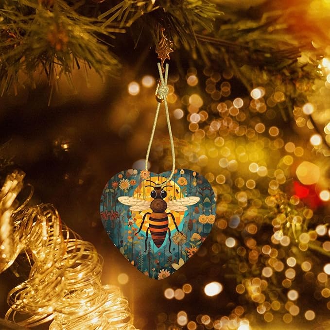 Bee Sunflowers Pattern Christmas Ornaments, Christmas Decorations Xmas Tree Hanging Ornaments, Heart-Shaped Ceramic Festive Keepsake Gift for Xmas Decorations Holiday Home Party