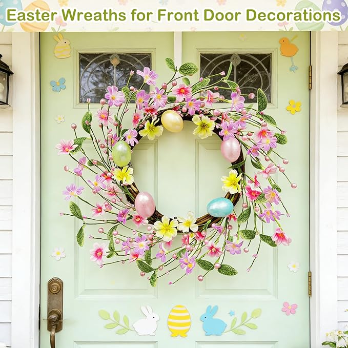 Timer - 20 Inch Easter Wreaths for Front Door Easter Decorations, Easter Wreath with 20 LED Lights Colorful Eggs Flowers Leaves Berried Spring Wreath Decor for Home Holiday Farmhouse Indoor Outdoor