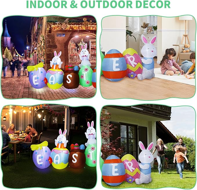 10FT Easter Inflatables Outdoor Decorations, Large Easter Blow Up Bunny & Eggs Built-in 9 Bright LED Lights, Cute Spring Inflatable Decor for Yard Garden Lawn Holiday Party
