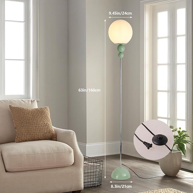 Modern Floor Lamps for Living Room, Globe Glass Shade Floor lamp for Bedroom, Standing lamp for Office, Corner(Pastel Green)