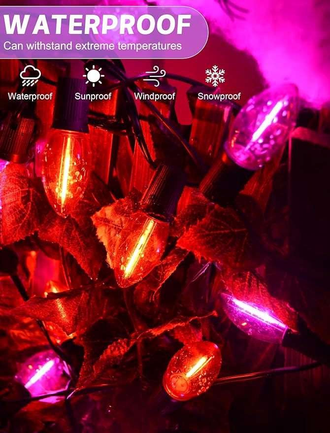 SUNSGNE C9 LED Halloween Lights Outdoor, 25ft Outdoor Christmas Lights with 26 Clear Orange and Purple Bulbs(1 Spare) for Halloween Christmas Roofline Patio Decorations, Black Wire