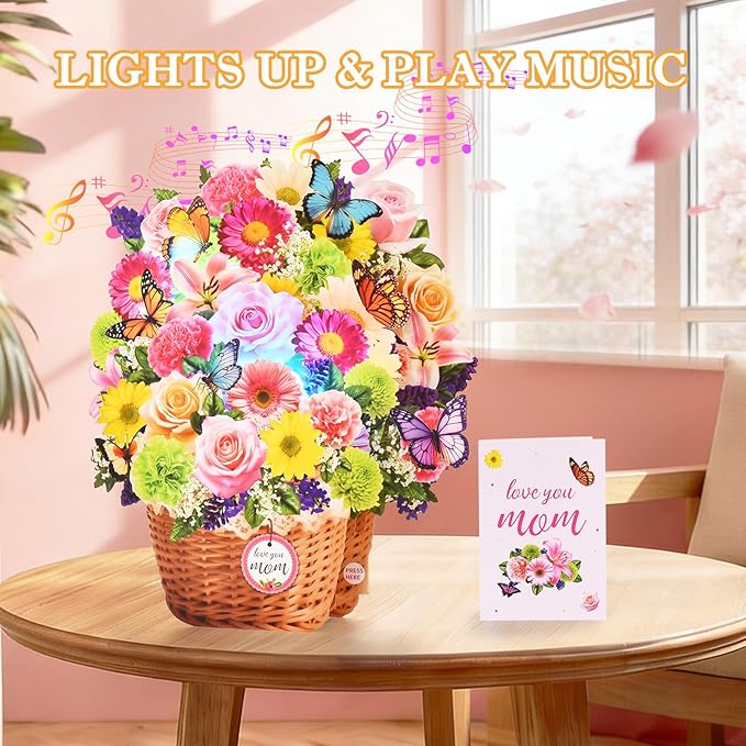 Pop Up Mother's Day Card with Music & Lights, 3D Butterfly Flower Basket Greeting Cards, Elegant Floral Happy Mothers Day Keepsake Gift with Envelope for Mother Wife from Son Daughter Husband
