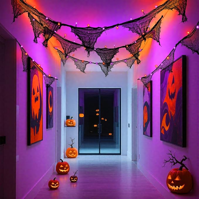 Halloween Lights Battery Operated or USB, Creepy Cloth String Lights with Timer Waterproof 9.8ft 30LED Orange and Purple String Lights Halloween Decortions for Fireplace Window Door Mirror