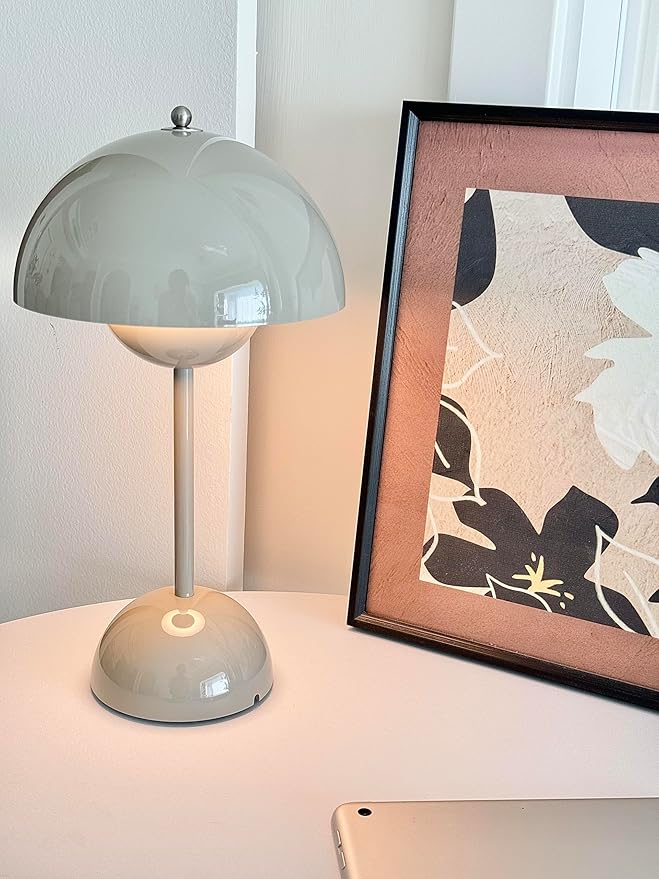 Modern Flower Bud Lamp 12" Cordless Touch Lamp Dimmable 2600mAh Rechargeable Desk Lamp Nordic Minimalist Mushroom Lamp Nightstand Bedside Lamp for Bedroom Living Room(Cream Grey) No Reading Light