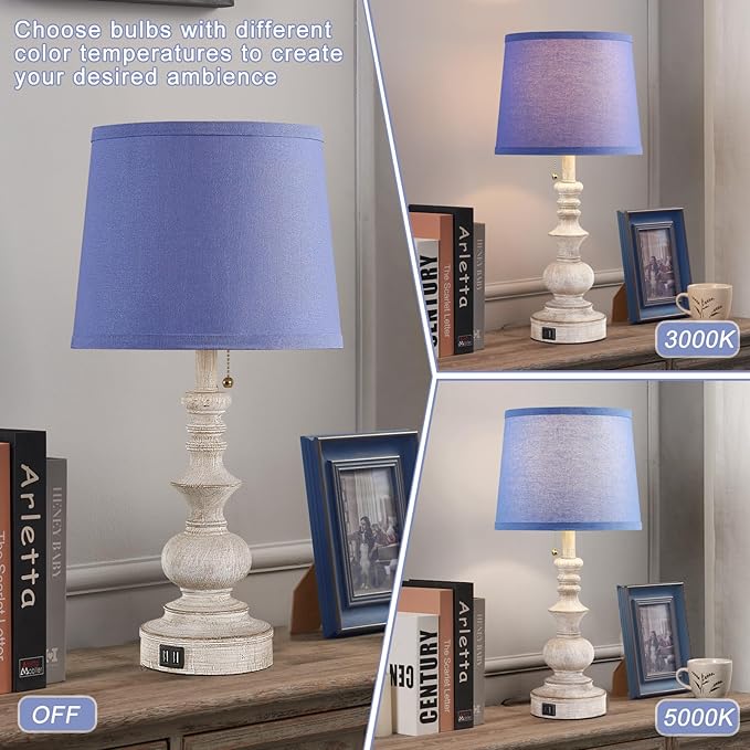 22'' Farmhouse Bedroom Table Lamps Set of 2 Bedside Nightstand Lamps with USB A/C Charging Ports Small Side Table Lamps for Living Room End Tables, Wooden Finish, Blue Shade, Bulb Not Included