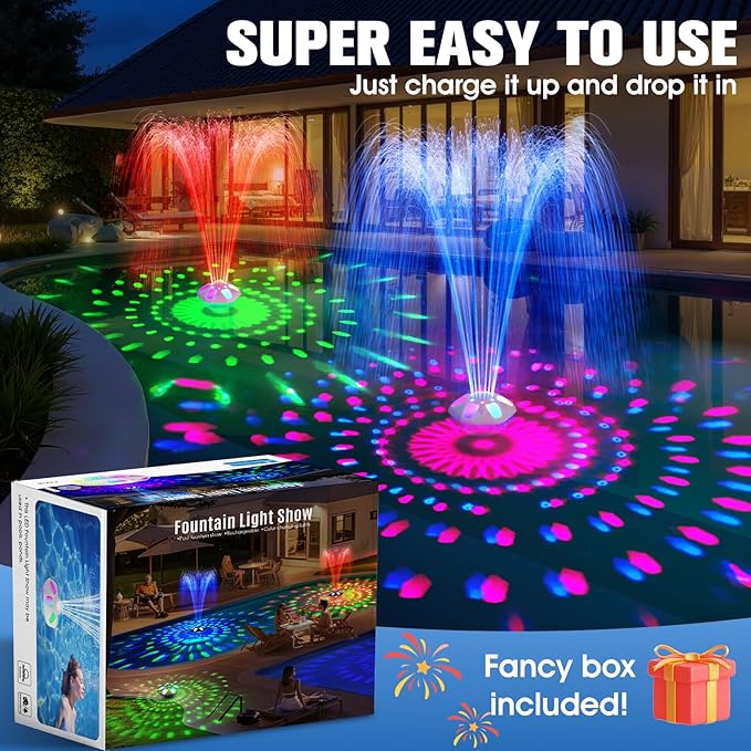 Upgraded Pool Fountain,9000mah Rechargeable Floating Pool Fountain with Light Show,Above Ground Pools Water Fountains Pump with Anchor,Swimming Inground Pools Fountains for Pond-1PC (White)