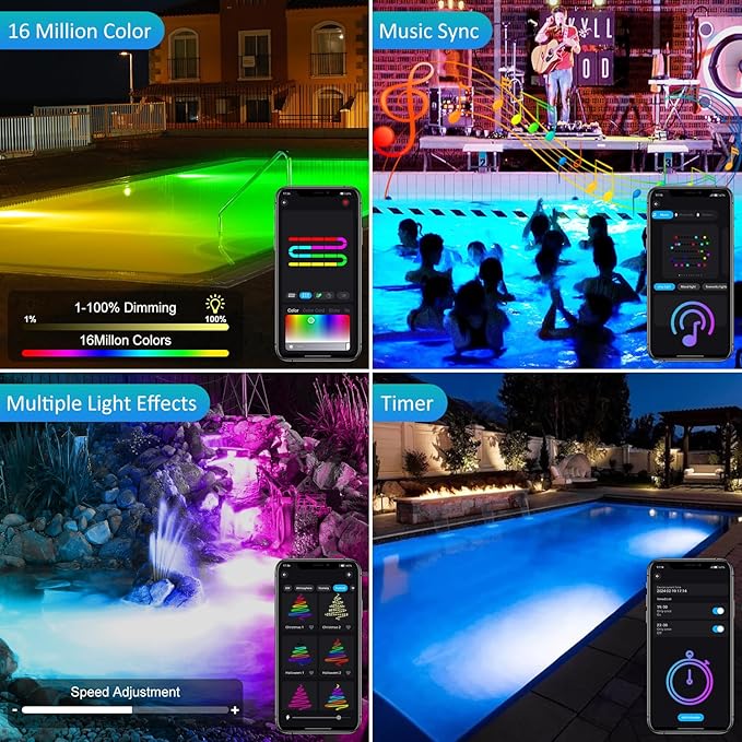 T-SUN Colored Pond Lights with APP and Remote Control – Bright LED Underwater Submersible Fountain Lights, IP68 Waterproof Landscape Spotlight for Garden Koi Pond Aquarium Fish Tank (Set of 4)