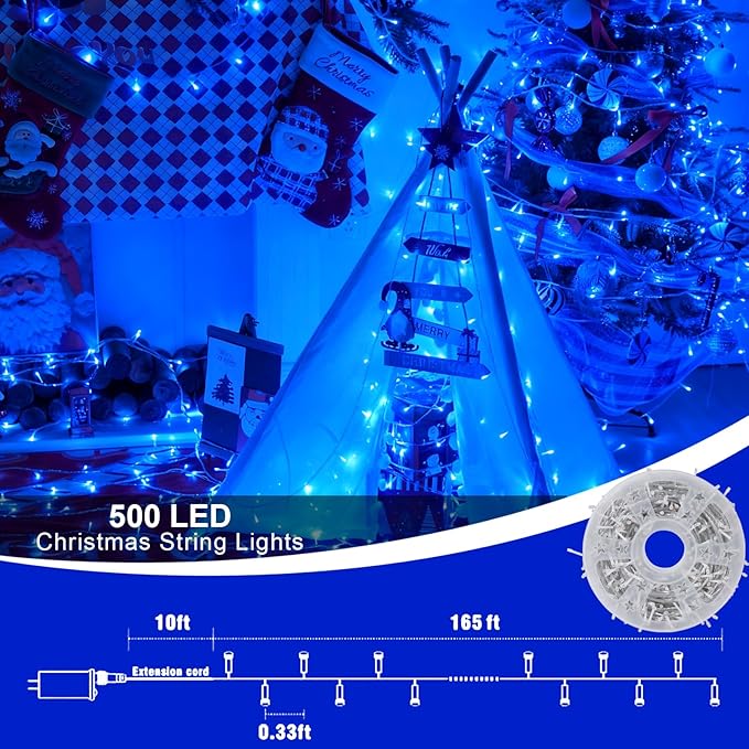 QITONG Blue String Lights Outdoor, 165ft 500 LED Christmas Light Plug-in with 8 Modes, Clear Wire Twinkle Xmas Lights Indoor