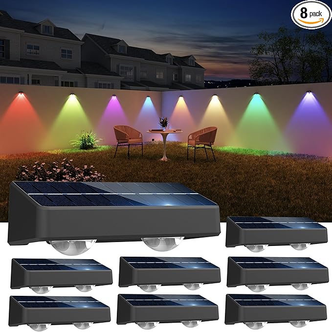 Solar Fence Lights 8 Pack 9 Colors & 11 Lighting Modes Solar Wall Lights Outdoor Waterproof IP65 RGB Color Changing Fence Lights Solar Powered for Garden Yard Patio Deck Step Patio Wall