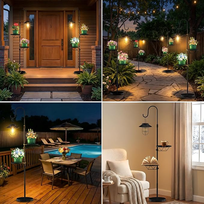 61" Solar Lights Outdoor with Plant Stands - Metal Shepherd Hook with Hanging Solar Lantern, Waterproof Solar Floor Lamp Garden Lights for Patio Deck Yard Porch Backyard & Indoor Decor