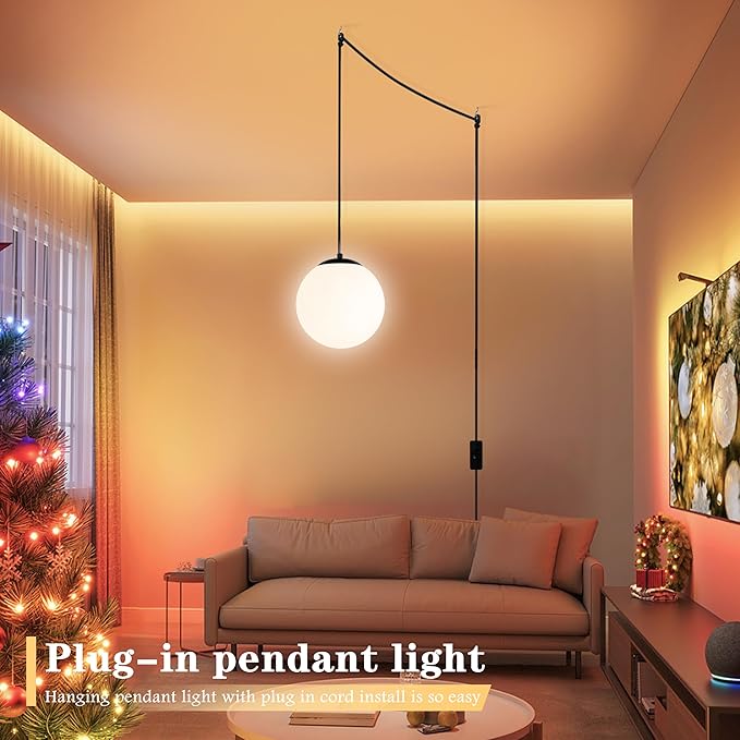 KoKo&Yukina 10" Globe Pendant Light Black Plug in Pendant Light Adjustable Hanging Lights with Plug in Cord Matte Black Finished with Milk Glass Lampshade for Bedroom Kitchen Island（Bulb Included）