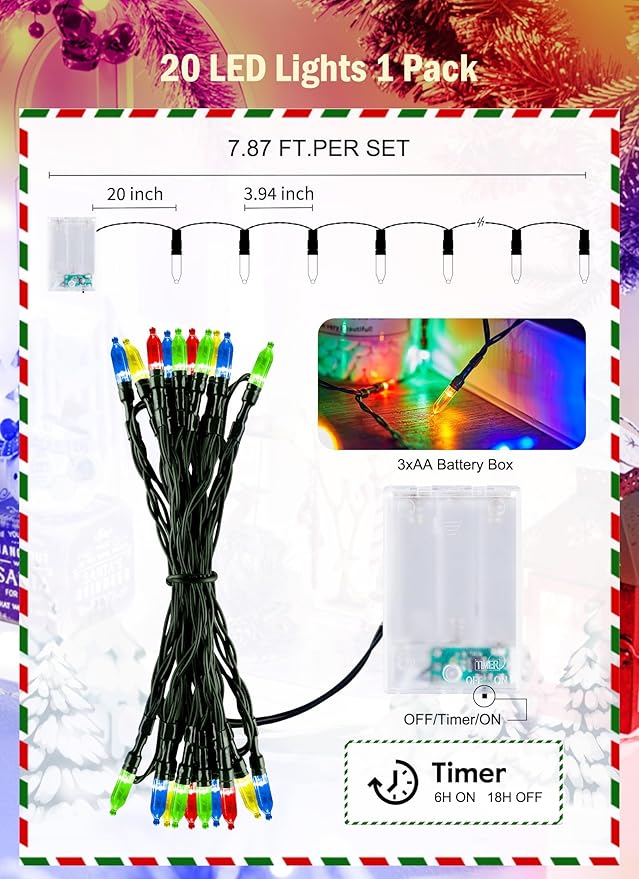 2 Pack Battery Operated Christmas String Lights, 8ft 20 LED Mini Lights with Timer, Christmas Tree Light for Indoor Outdoor Bedroom Wedding Party Holiday Xmas Decoration，Multicolor