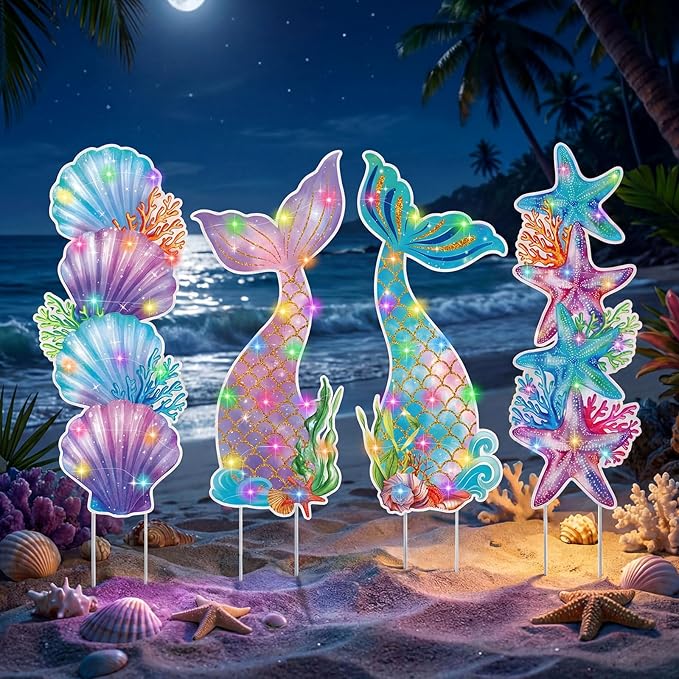 Bencailor 4 Pcs Mermaid Tails Outdoor Decorations Mermaid Seashell Starfish Yard Stake Signs with LED Light Large Ocean Theme Birthday Party Supplies for Outdoor Lawn Patio Garden Stand Decor