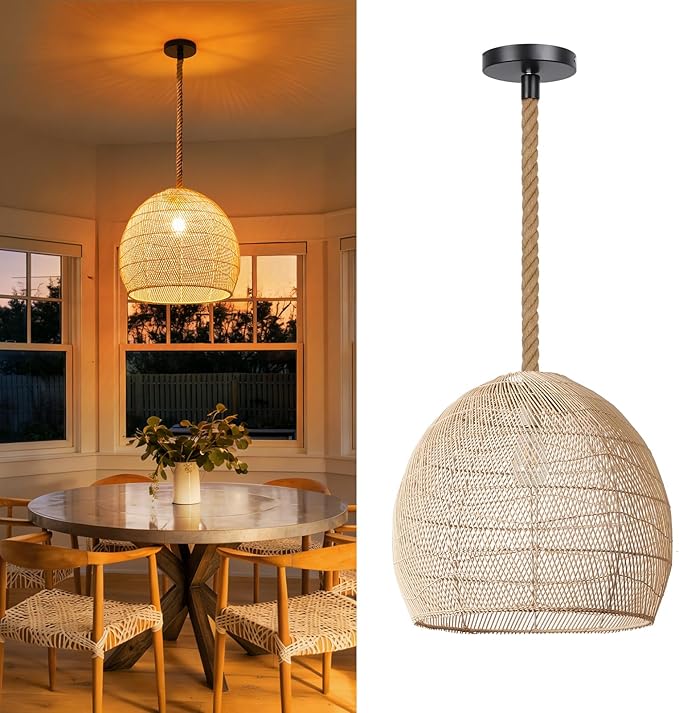 Arturesthome Natural Rattan Pendant Light for Kitchen Island, Woven Lamp Shade Chandelier, Hanging Ceiling Light, Handmade Lampshade Rope Lamp D15.7in*13.7in