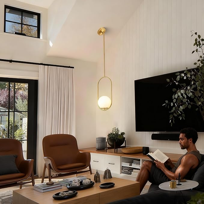 Yunnix Pendant Lights Kitchen Island Modern Gold Globe Pendant Light Mid Century Light Fixture Milk Glass Pendant Lights for Bedroom Dining Room Brushed Brass with One Light (Bulb Not Included)