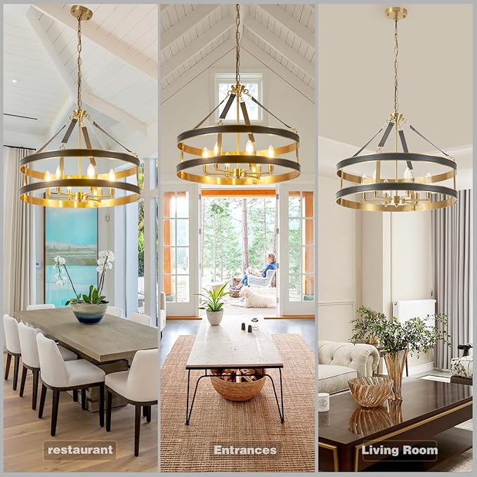 Farmhouse Ceiling Chandelier,24 Inch Antique Bronze Aluminum Black Leather Belt Trim Modern Rustic Hanging Pendant Ceiling Light Fixture for Living Room, Dining Room, Bedroom, Kitchen