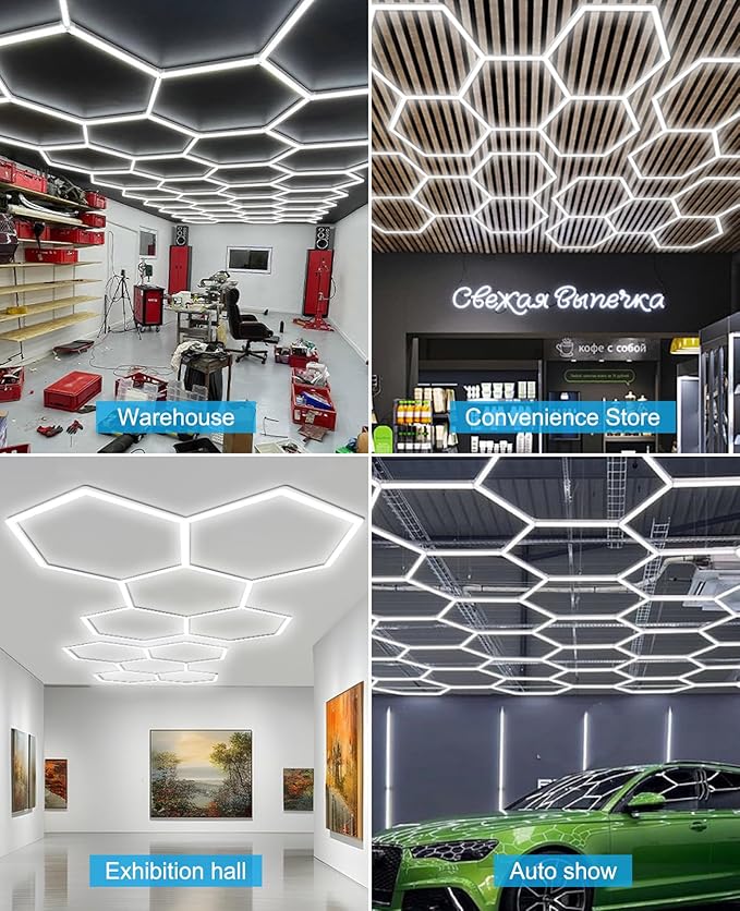Hexagon led Lights: DIY Ceiling LED Gym Light Hexagon Garage Lights 16660LM Bigger Size for Basement Warehouse Workshop Barbershop Car Care Wash Room Auto Beauty Shop Exhibition Hall 3 Grids 6500K
