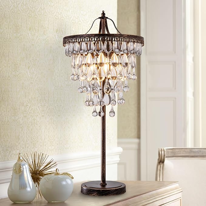 TOCHIC 3 Lights Crystal Table Lamp for Living Room, Bedside Table Lamp for Bedroom Dimmable Control, 28" Tall Bronze Antique Modern Desk Nightstand Lamp for Entryway, Staircase, Home Office