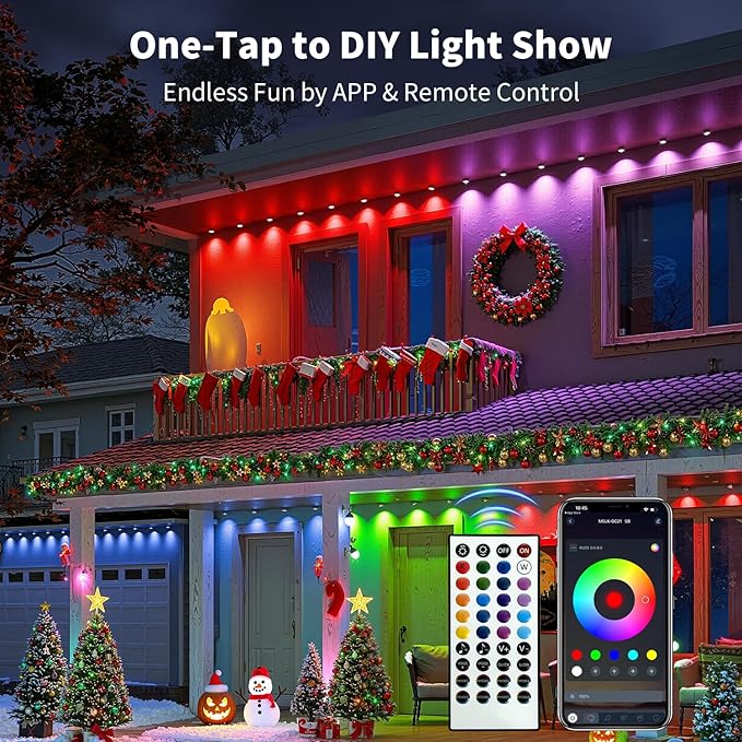 XINKAITE 150FT Permanent Outdoor Lights with 75 LEDs - Smart RGB+IC with 16 Million DIY Colors, IP67 Waterproof, App & Remote Control, Hundreds of Dynamic & Scene Modes for Holidays, Christmas & Home