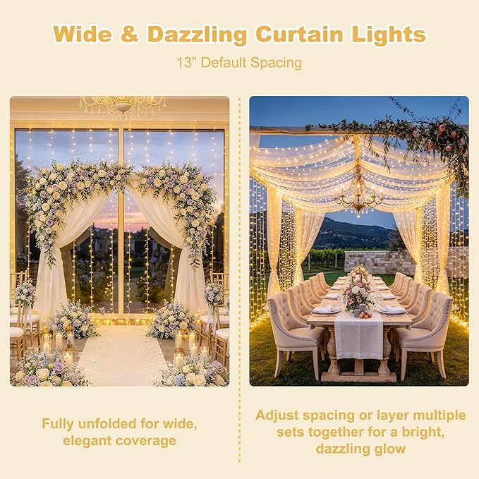 JMEXSUSS 600 LED Curtain Lights Outdoor, 9.5ft x 19.6ft Window Hanging Lights with Remote, Plug in, 8 Modes, Indoor String Lights for Bedroom, Wall, Xmas, Party, Backdrop, Wedding Decor, Warm White