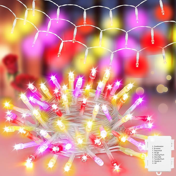 30 LED Valentines String Lights - 10Ft Mini Bulbs Battery Powered Pink Red Yellow Light for Indoor Wedding Anniversary Romantic Dating Party Gifts Valentine Decorations - 8 Modes with Bulit-in Timer