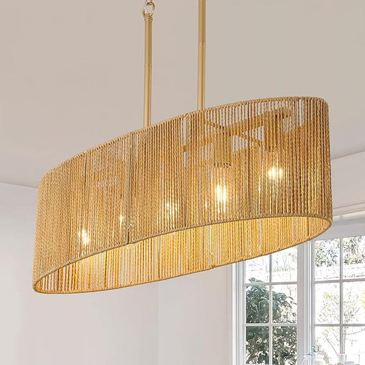 Dining Room Light Fixture 5 Light Rattan Kitchen Island Lighting with Adjustable Gold Boho Chandelier Farmhouse Hanging Pendant Light for Living Room Bar Restaurant