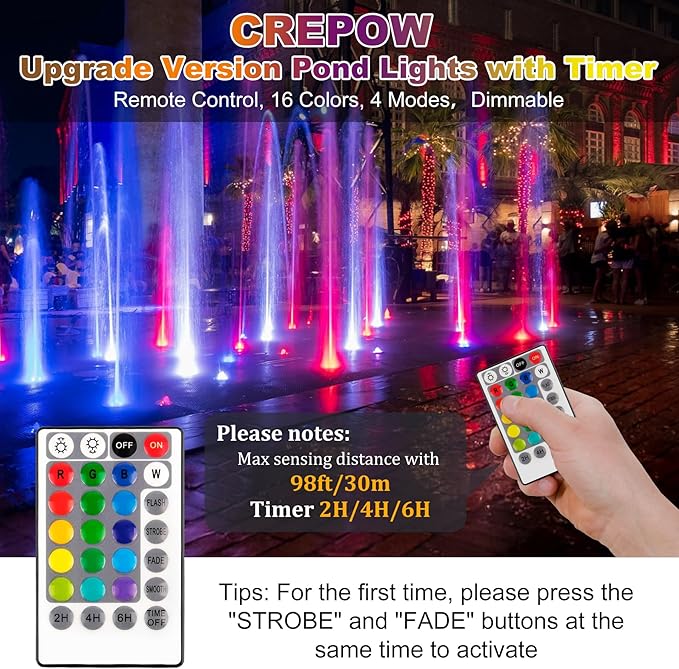 RGB Pond Lights with Timer,LED Underwater Submersible Fountain Light, 98ft Remote Control IP68 Waterproof Colorful Landscape Spotlights for Fish Aquarium Tank Garden Yard Pool (Set of 2)