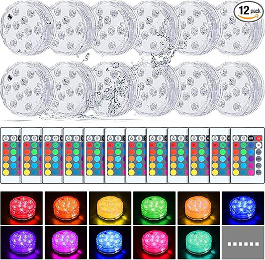 Mudder 12 Pack Submersible LED Lights with Remote 2.8" Hot Tub Lights Waterproof Pool Underwater LED Light Battery Operated Bathtub Lamp 16 Color Changing Lamp for Pool Pond Vase Aquarium Decoration