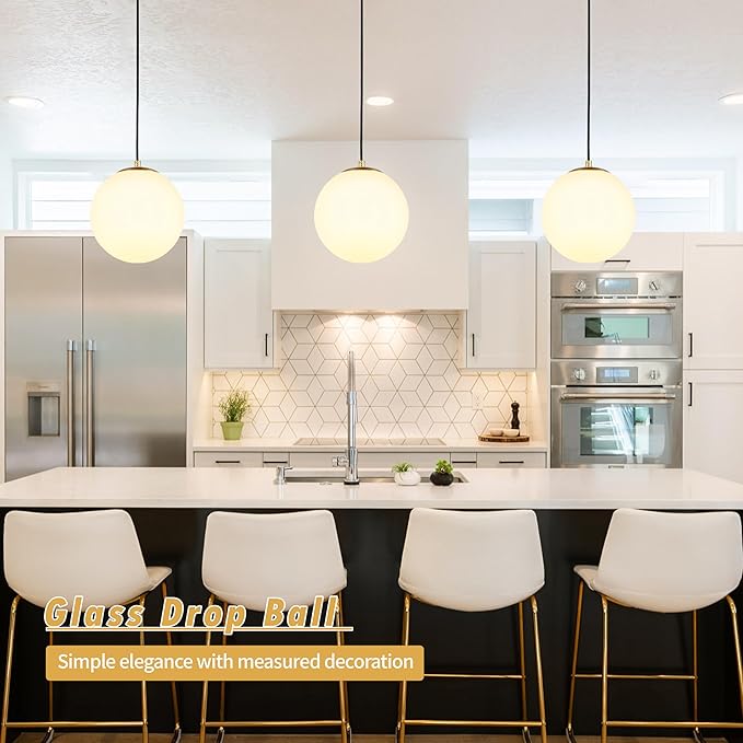 KoKo&Yukina 10" Globe Pendant Light Gold Mid Century Pendant Light Glass Globe Mid Century Modern Light Fixture Brushed Brass Finished with Milk Glass Lampshade for Dining Room Bedroom