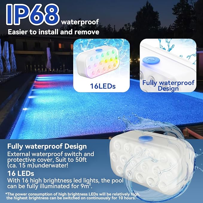 Pool Lights, Upgraded Rechargeable Submersible LED Lights with 16 High-Brightness LEDs, IP68 Waterproof 20 Colors Hot Tub Underwater Pool Light for In-Ground & Above-Ground Pool 1 Pack