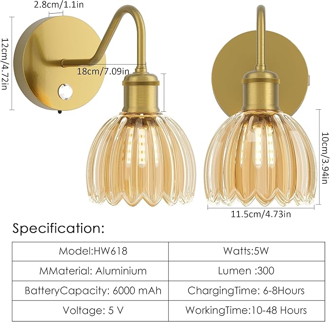 2 Pack Battery Powered Wall Sconce with Amber Tulip Glass Lampshade, Rechargeable Dimmable LED Wall Sconce for Living Room, Hallway, Bedroom, Dining Room