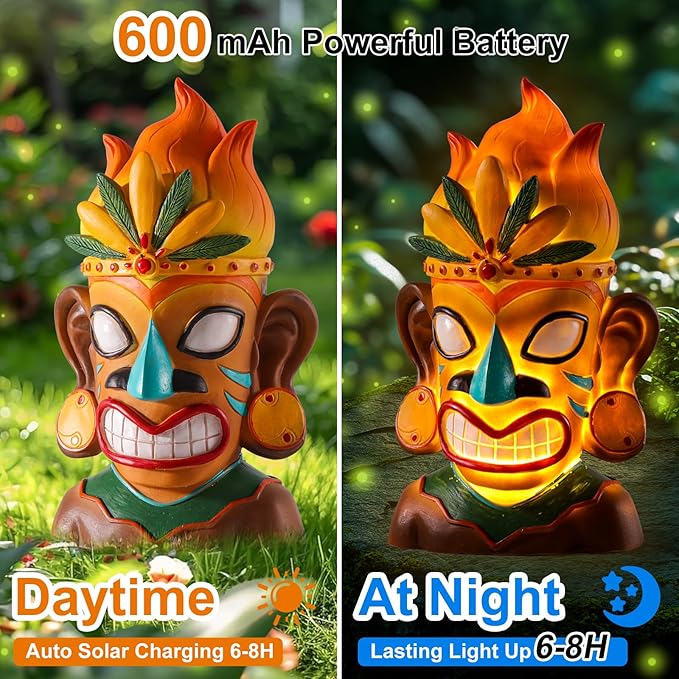 WINTS Solar Tiki Statue,Outdoor Tiki Statue with Solar Light,Flickering Flame Tiki Decor for Bar Yard Garden Patio Decoration -10 x 6 x 4.1 Inches