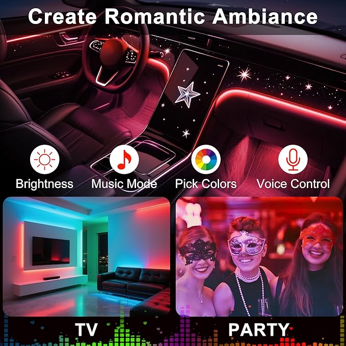 Interior Car LED Lights Wireless APP Control 5 in 1 RGB Ambient Lighting Kit with 236" Fiber Optic, 16 Million Colors Music Sync Waterproof LED Strip Lights for Cars Trucks SUVs Auto Interior Decor