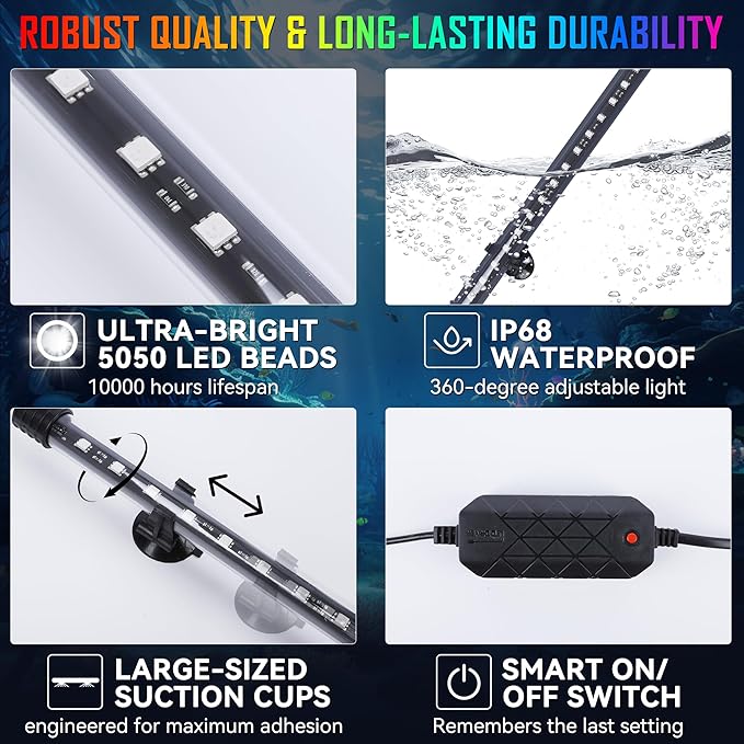 Smart App-Controlled RGB LED Aquarium Light with 16 Million Colors & 12 Dynamic Effects, Underwater Fish Tank Light with Timer, Submersible LED Lights with Adjustable Brightness and Speed - 23''