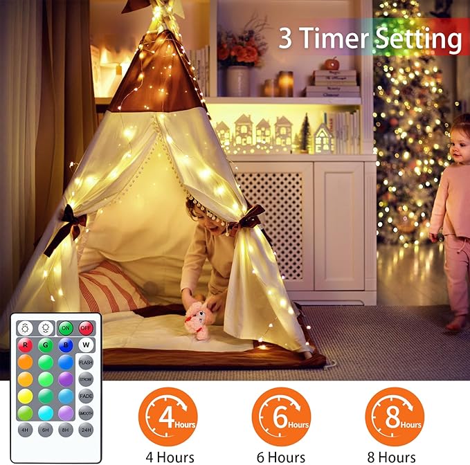 66ft 200LED Fairy Lights Battery Operated, 2 Pack 33ft 16 Color Changing String Lights with Remote Timer, RGB Waterproof Twinkle Light for Indoor Outdoor Bedoom Garden Yard Décor
