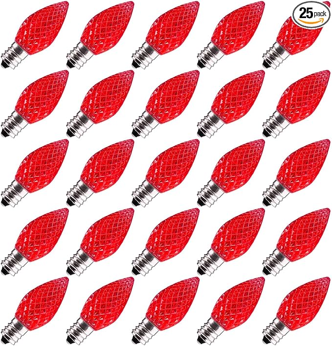 25 Pack C7 Led Replacement Christmas Light Bulb, Shatterproof C7 Led Bulbs for Christmas String Lights, E12 Candelabra Base, Commercial Grade Dimmable Holiday Bulbs, Red