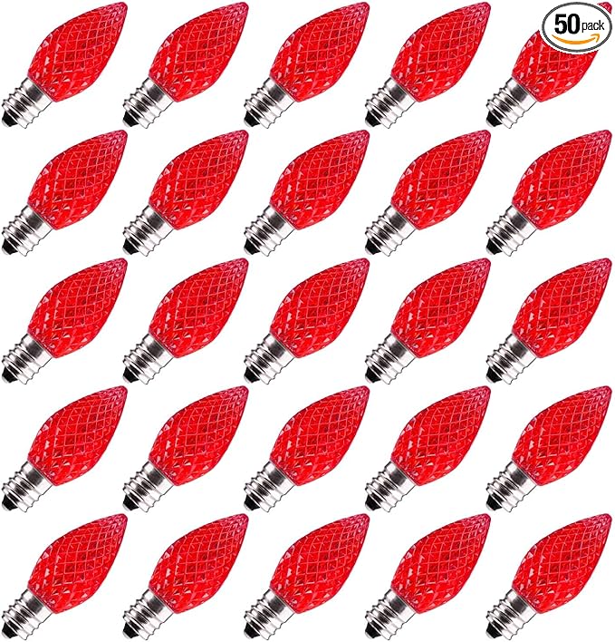 50 Pack C7 LED Replacement Christmas Light Bulb, C7 Shatterproof LED Bulbs for Christmas String Lights, E12 Candelabra Base, Commercial Grade Dimmable Holiday Bulbs, Red