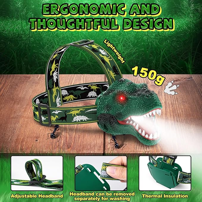 Dinosaur Headlamp for Kids Flashlight Rechargeable Led Dino Head Lamp Roar & Silent Mode, T-Rex Dinosaur Toys for Kids 3 4 5 6 7 8, Camping Gear, Easter Gifts for Boys Girls Adults