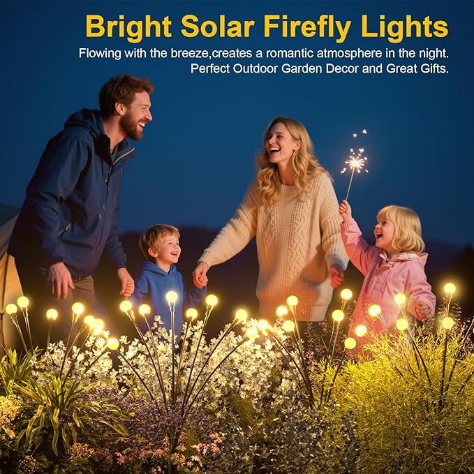 Solar Lights Outdoor - Upgraded 4-Pack of 32 LEDs Solar Garden Light,IP65 Waterproof Outdoor Decor Solar Firefly Lights for Yard,Pathway Decoration,Unique Gifts for Women and Grandma (Warm White)