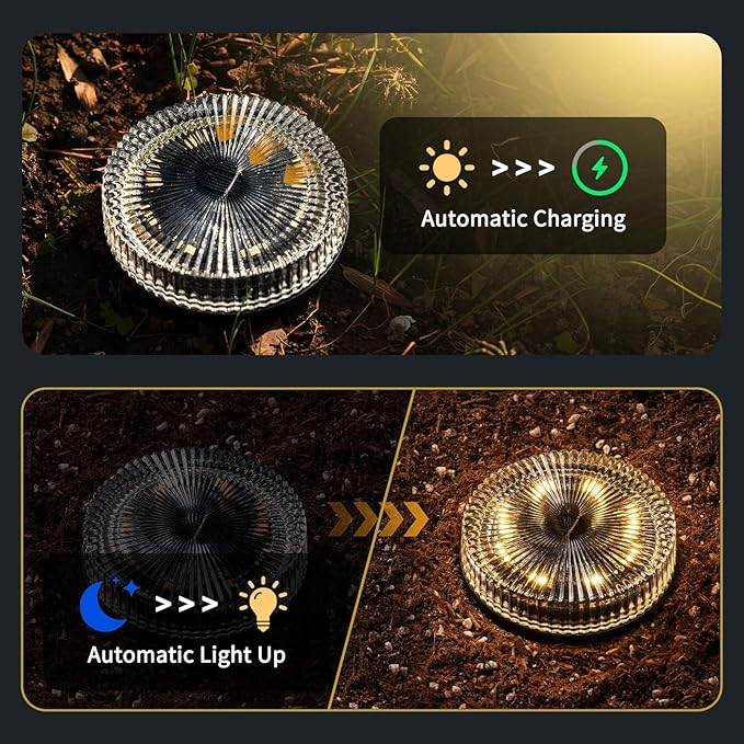 Glass Solar Ground Lights with Ray Style, Modular-Design Waterproof In-Ground Light for Patio Pathway Lawn Yard Deck Walkway, Decorative Disk Lighting for Garden Bed, Warm White (2 Pack)