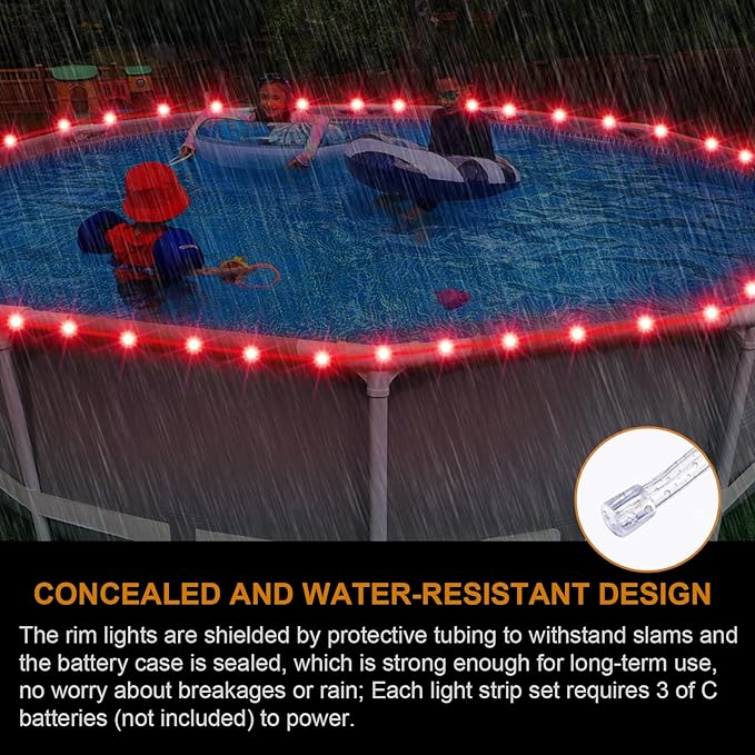 Remote Control LED Lights for Above Ground Pools, 15Ft Submersible Rim Lights, C Battery Box, 16 Color Changing at Night, Waterproof