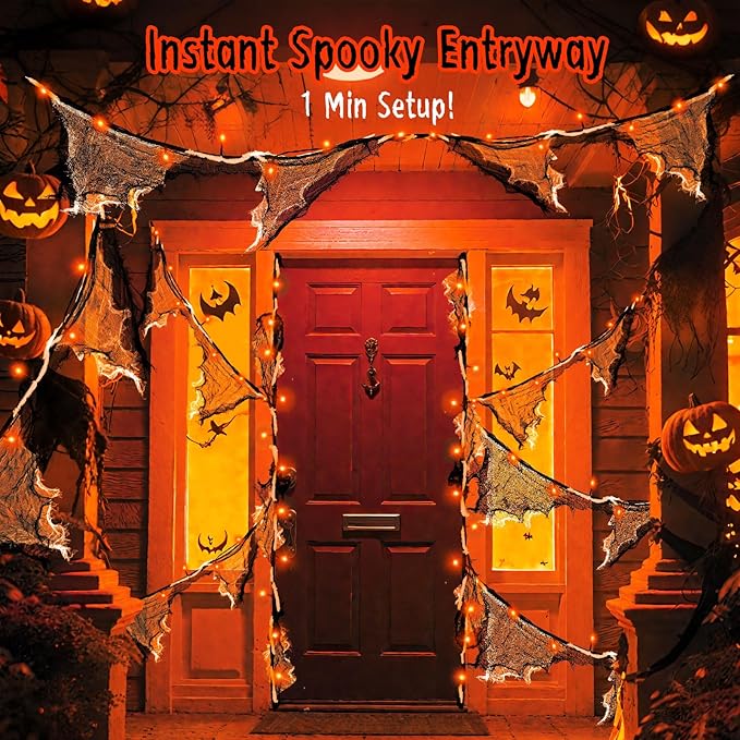 Halloween Lights Battery Operated or USB, Creepy Cloth String Lights with Timer Waterproof 9.8ft 30LED Orange String Lights Halloween Decortions for Fireplace Window Door Mirror