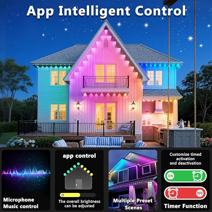 300FT Permanent Outdoor RGB Lights, IP67 Waterproof Smart Eave Lighting, with App/Remote Control Eaves Light, DIY LED Scenes Modes for House Roof Decor,Christmas,Party,All Holiday and Daily.