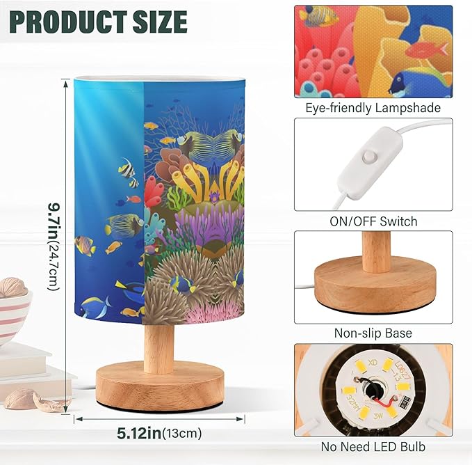 Table Lamp Underwater Sea Fish Coral Ocean Sunshine Nightstand Lamp with Wood Base Fabric Lamp Shade Bedside Desk Lamp for Living Room Bedroom Kids Room Office