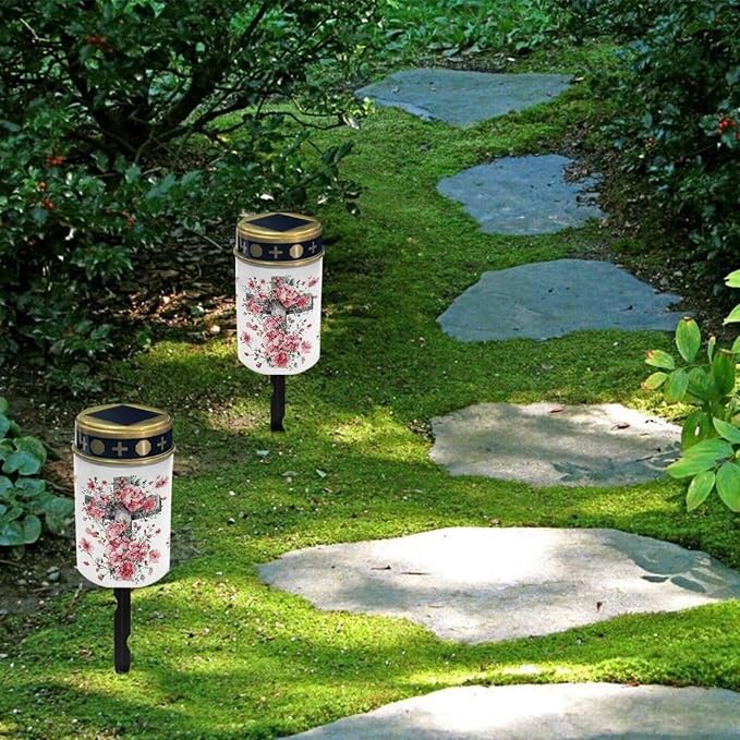 Cemetery Solar Lights Waterproof Solar Powered Grave Lights Cross and Flower Grave Solar Lights Garden Cemetery Decor Memorial Gift