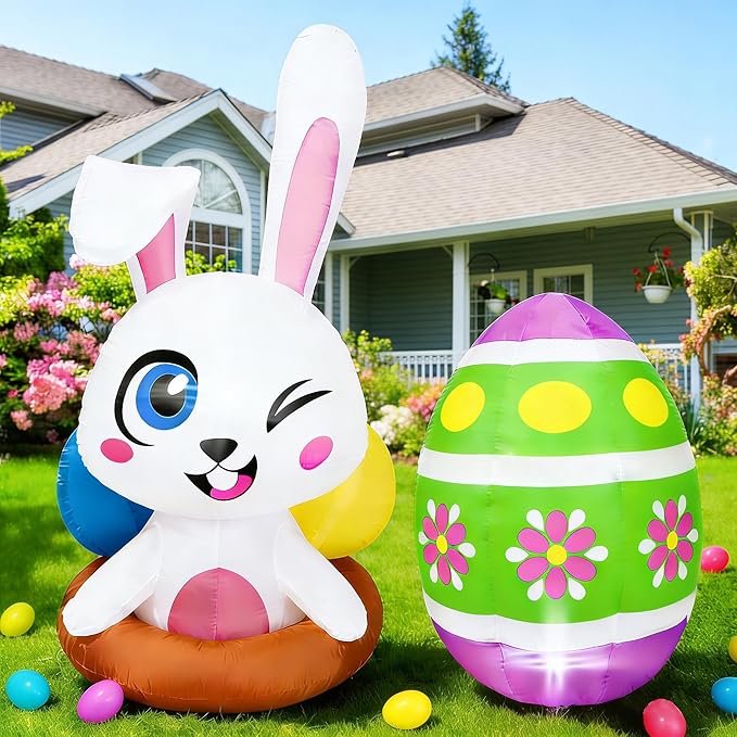 Dearsun Set of 2PCS, 4FT H Easter Inflatable Bunny and Egg, Outdoor Easter Egg Hunting Sign Decorations, Cute Easter Blow up Winking Bunny & Giant Egg, Yard Decoration with LED Lights for Party Decor
