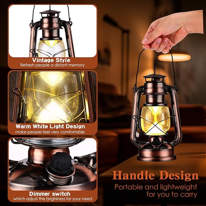 Riakrum 4 Pcs Vintage LED Hurricane Lanterns 9.5 Inch Warm White Old Hurricane Lamps Battery Operated Hanging Lanterns with Dimmer Switch for Indoor Table Centerpieces Outdoor(Bronze)