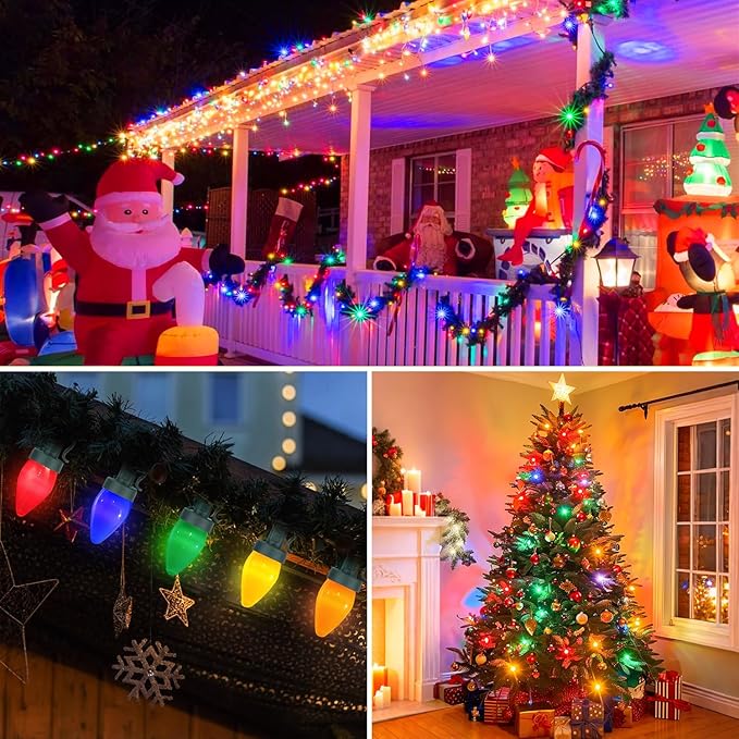 100 LED C7 Multicolor Christmas Lights Battery Operated with 8 Mode Remote Control, 2 Sets 27.5FT Colorful Christmas Tree Lights with 2 * 50pcs Twinkle C7 Light Bulbs for Home Porch Yard Decorations