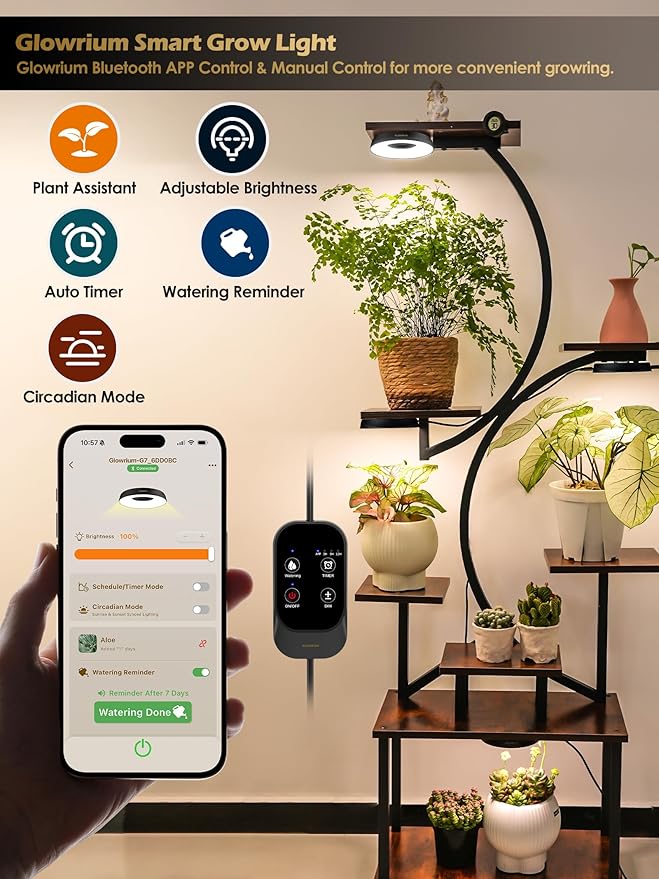 GLOWRIUM Grow Lights for Indoor Plants, 16W Smart Full Spectrum LED Grow Light, Auto Timer and Stepless Dimming,Plant Assistant with Watering Reminder,Modular Design (Black, 2 PCS)