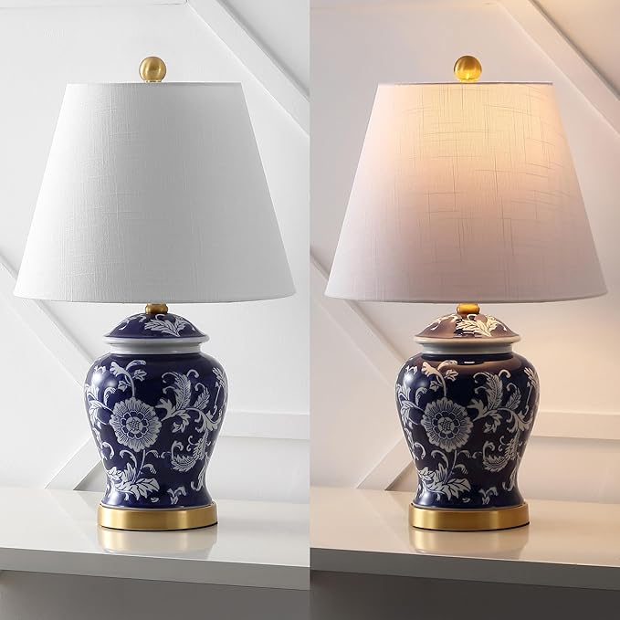 JONATHAN Y JYL3005D Penelope 22" French Country Cottage Ceramic/Iron Chinoiserie Ginger Jar LED Table Lamp, Navy/White for Bedroom, Living Room, Office, College